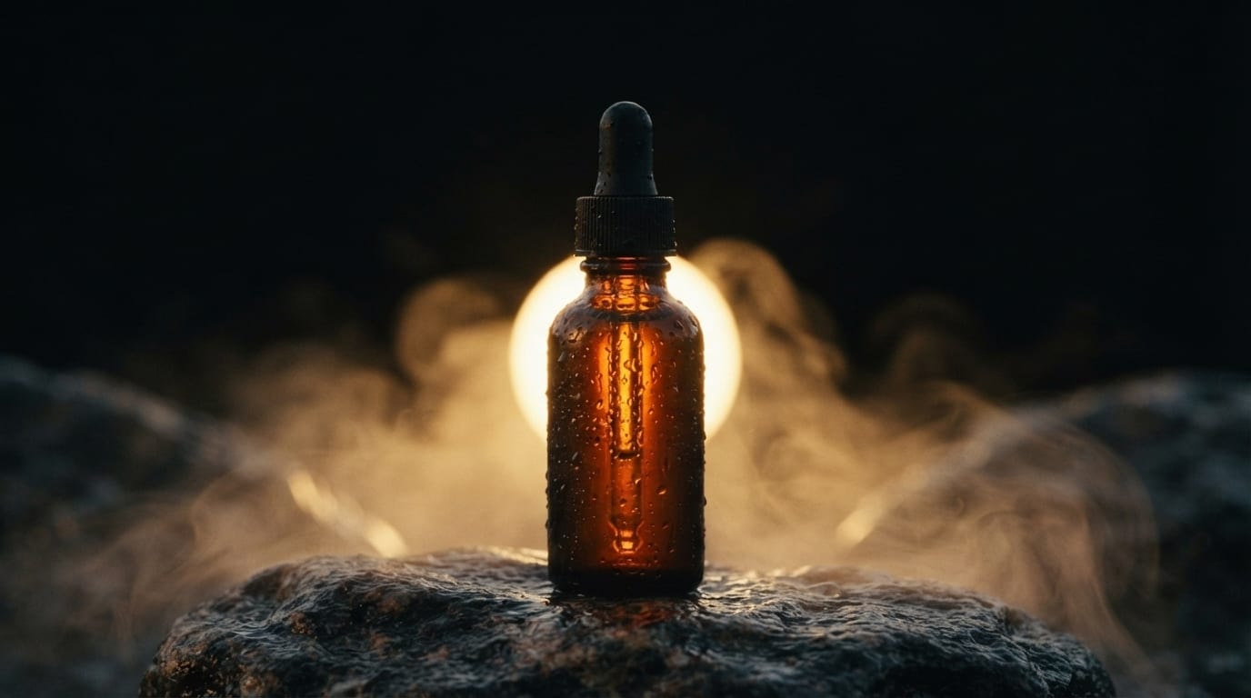 Le même flacon ambré posé sur une roche volcanique mouillée, rétroéclairé par un soleil bas dans la brume.