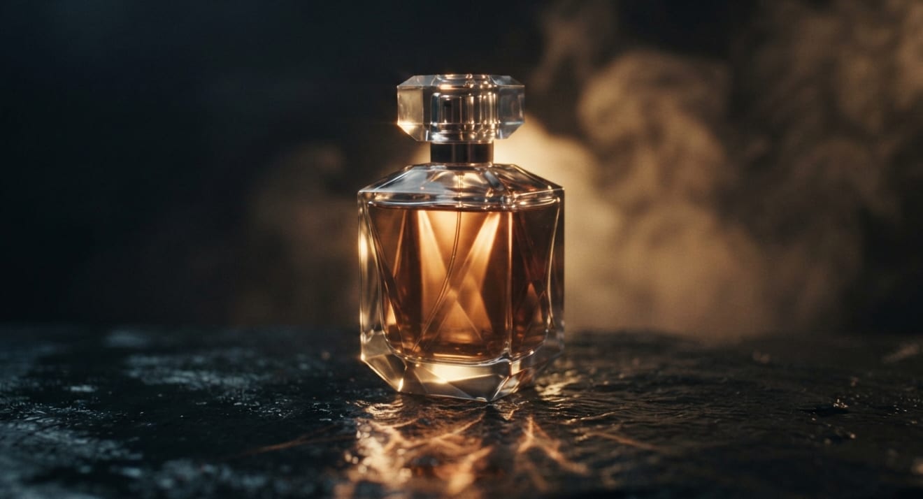 Flacon de parfum en verre taillé sur une pierre noire mouillée, rétroéclairé en ambre, fumée en arrière plan.