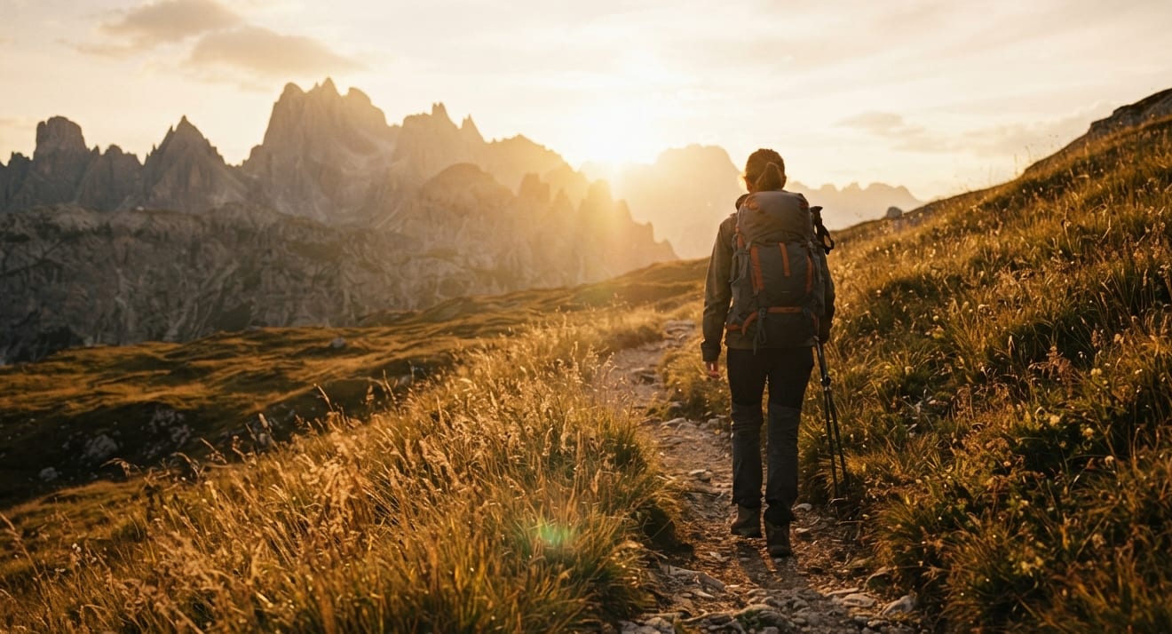 Randonneuse de dos sur un sentier alpin au coucher du soleil, herbes hautes dorées.