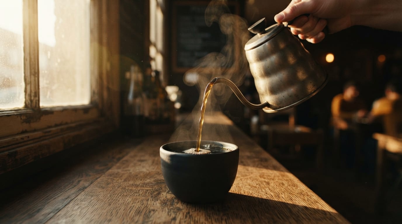 Café filtre versé dans une tasse en céramique noire sur un comptoir en bois, vapeur dans un rayon de soleil.