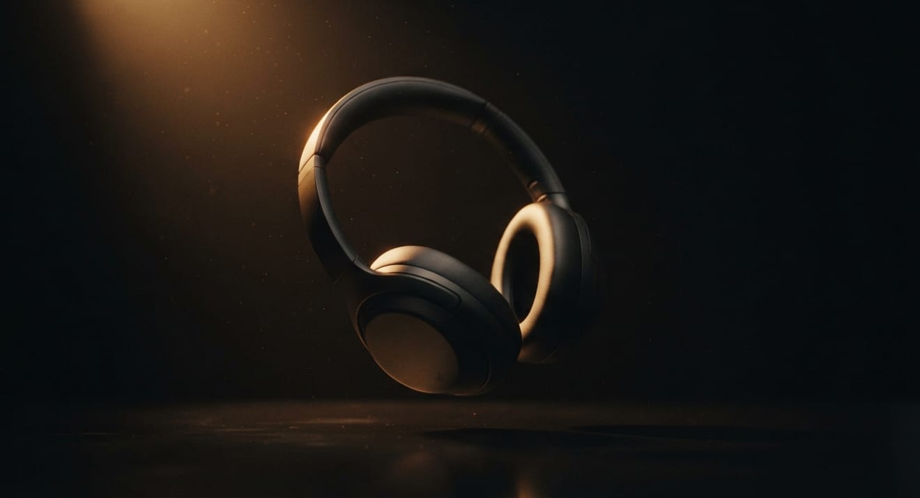 Casque audio noir mat en suspension, souligné par une lumière ambre sur fond noir.