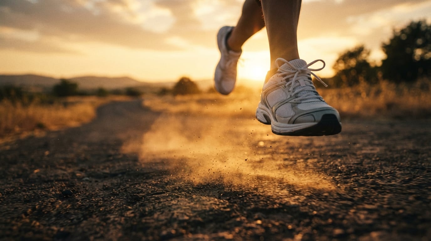 Coureur au ras du sol sur une route poussiéreuse au coucher du soleil, chaussure de running en gros plan.
