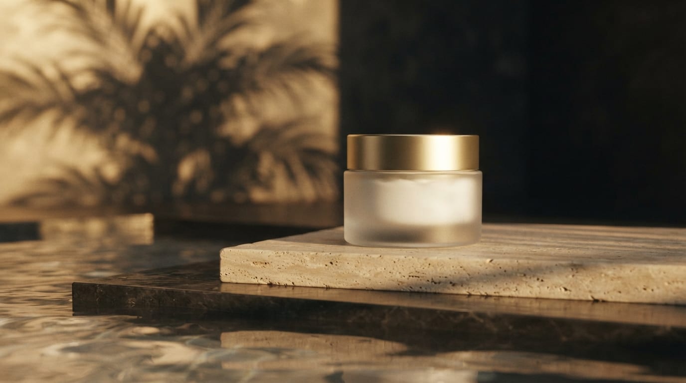 Pot de crème en verre dépoli au couvercle doré sur un socle en travertin, ombres de palmes et reflets d’eau.
